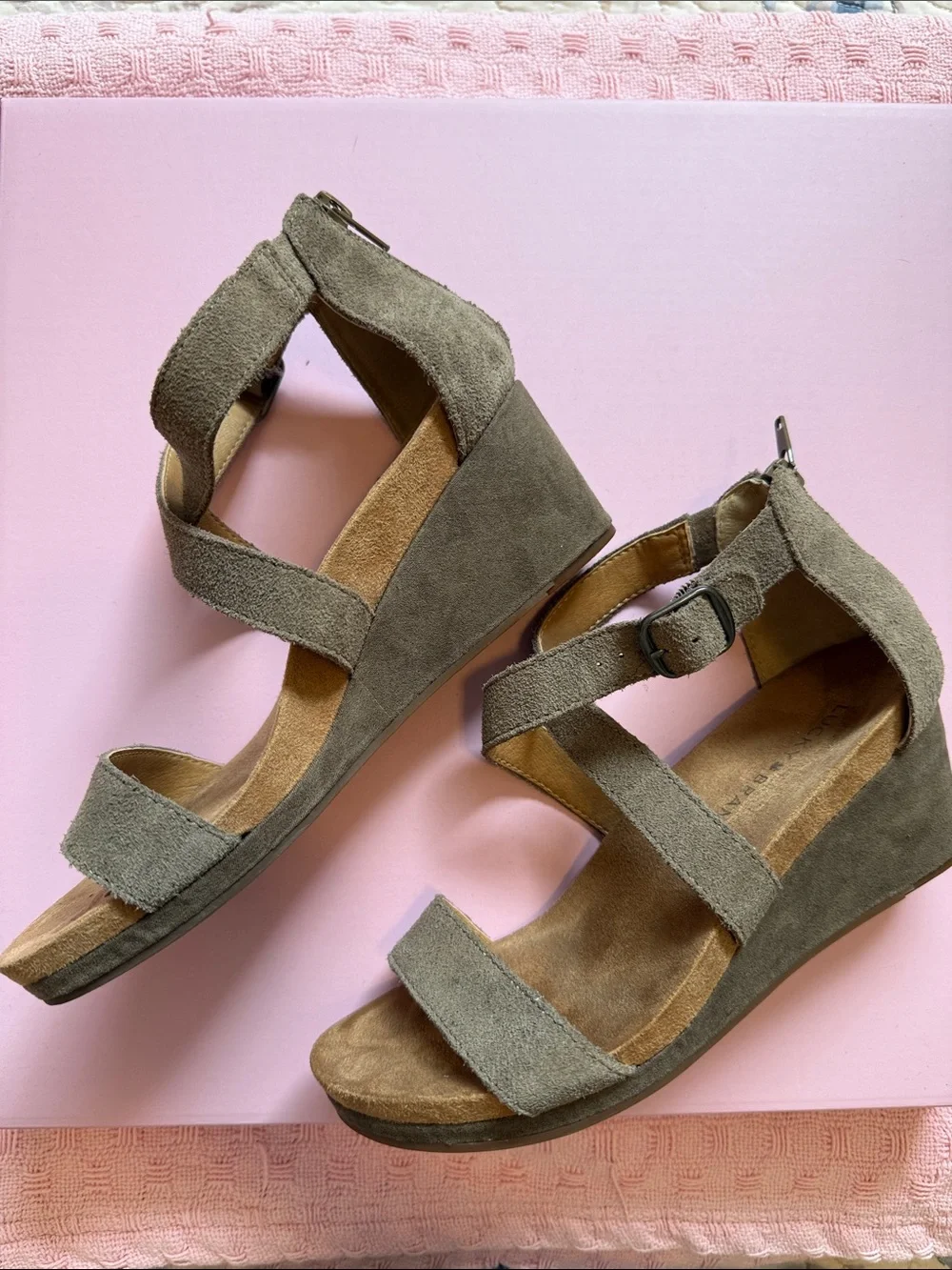 Lucky Brand Taupe Suede Wedge Sandals with Ankle Strap